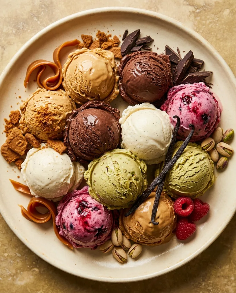 An abundant plate of assorted gelato scoops with caramel ribbons, chocolate shards, pistachios, vanilla pods and raspberries